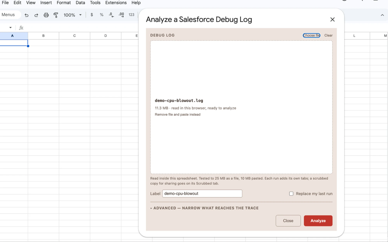 The Analyze dialog inside Google Sheets, with demo-cpu-blowout.log chosen and ready to analyze