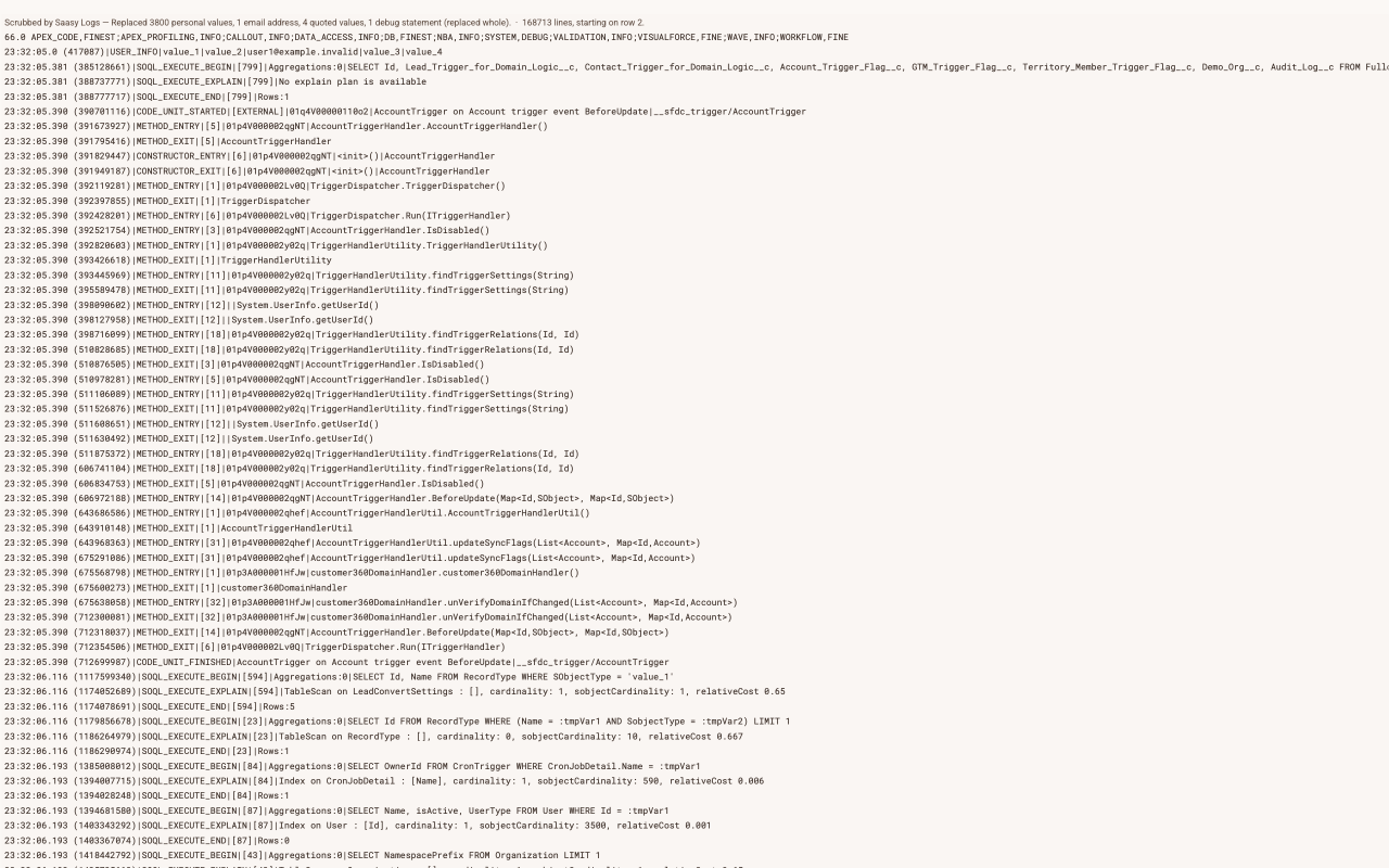 The Scrubbed tab: a note saying what was replaced, then the log line by line with values replaced and names kept